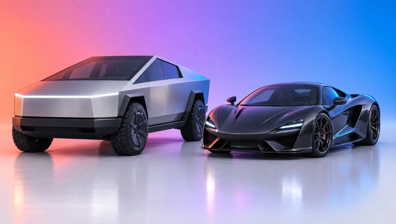 A stainless Cybertruck parked next to a black supercar in a softly lit studio